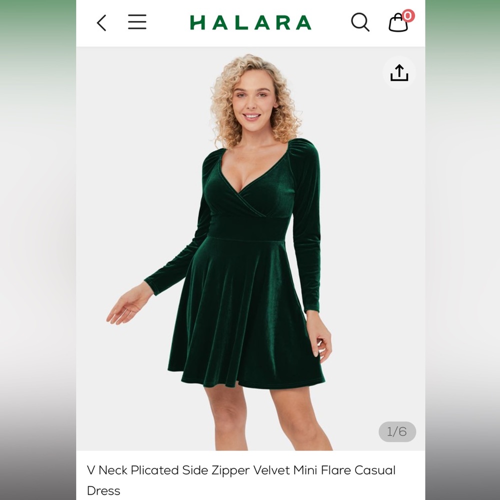Halara V Neck Plicated Side Zip Velvet Mini Flare Dress, Dark Green, Medium